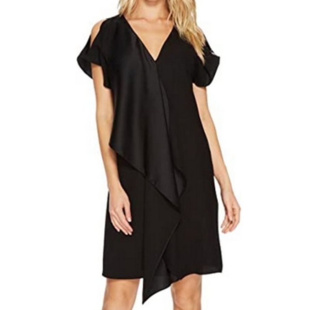 Adrianna Papell Black dress Size‎ 6 Cold shoulder ruffle V-Neck party office